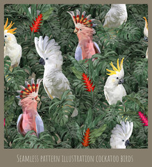 Seamless pattern illustration  cockatoo birds and leaves. © NPD stock
