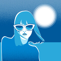 Woman wearing sun glasses. Abstract girl's portrait over summer landscape with sea, sky, clouds and sun. Young beautiful female face drawing in minimalist fashion design, vector illustration