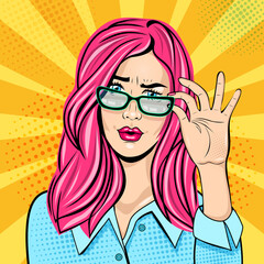 Wow emotional pop art face. Sexy woman with long pink hair and open mouth holds glasses with her hand and looking with interestiong and disbelief. Vector poster drawing in retro comic style.