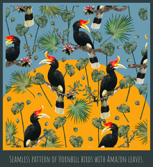 Seamless patternsillustration Hornbill birds and leaves. © NPD stock