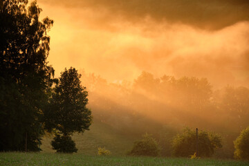 Beautiful misty summer landscape in the countryside during sunset. Seen in Germany in the Rhön Mountains in summer