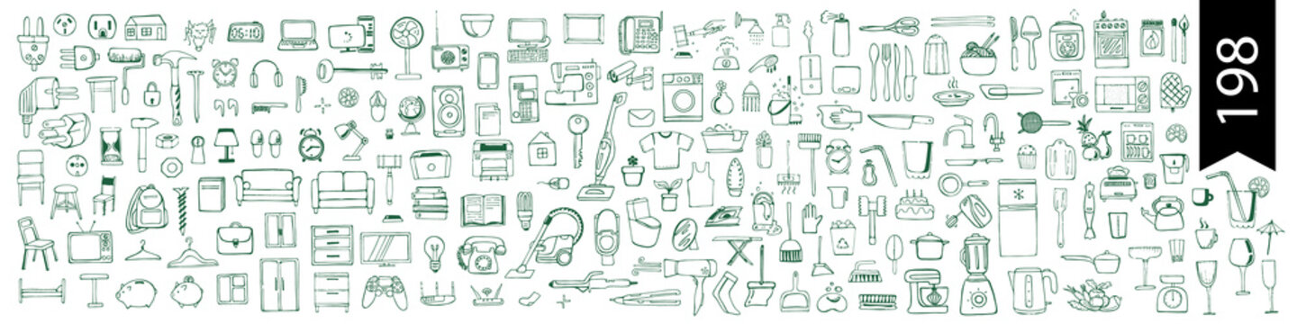 individual household items household appliances everything for the home Vector hand drawn stock illustration White background Electrician repair tools kitchen and bathroom accessories Computer Dishes
