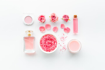 Pink roses cosmetic set with aroma oil and flower perfume