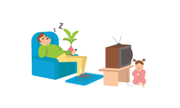 The dad is sleeping on a comfortable chair near the TV. The child is playing with wires from the TV. Uninvolved Parenting.