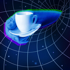 Blue hand with a cup of coffee being drawn by the Black Hole of the Universe or Internet, social...