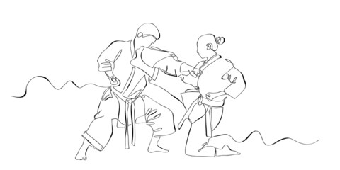 Fototapeta na wymiar Karate. Fighting man and woman wearing kimono drawing with continuous line, quick sketch, combat and martial arts concept, minimalist vector illustration