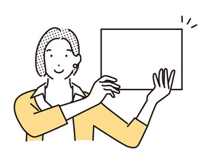 シンプル　イラスト　ボードを持ってプレゼンをする女性