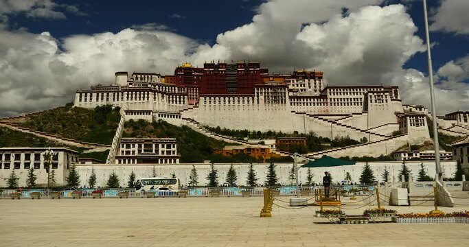 4k busy traffic & crowd in front of potala in lasa;stand guard in potala square;tibet.
