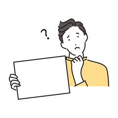 シンプル　イラスト　フリップを持って考え事をする男性