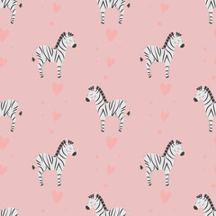 Seamless pattern with cute zebras and hearts, on a pink background. For baby textiles, wrapping paper.