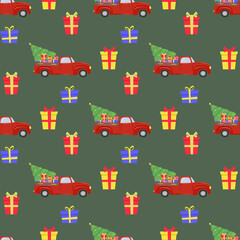 Obraz premium Christmas seamless pattern with red car, Christmas tree, gifts. The illustration is great for wrapping paper and packaging.