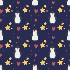 Seamless pattern with cute penguins and stars, on a dark background. Print for kids design, textiles, wrapping paper and packaging.