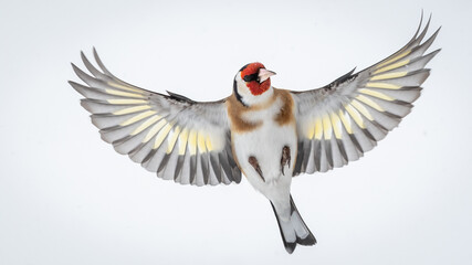 European goldfinch (Carduelis carduelis) sitting on branch in snow with copy space