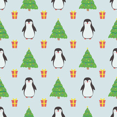 Obraz premium Seamless pattern with cute penguin, Christmas tree and gifts. For wrapping paper, packaging, textiles, children's design. Christmas and New Year concept.