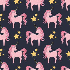 Seamless pattern with cute pink unicorns and stars, on a dark background. For baby textiles, wrapping paper.