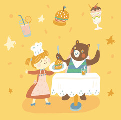 Bear and girl dinning