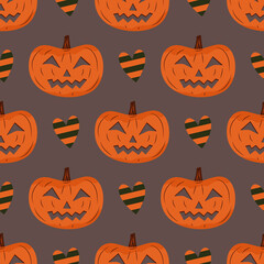 Halloween seamless pattern, with pumpkin and hearts