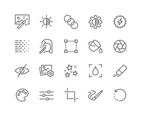 Simple Set of Photo Editing Related Vector Line Icons. Contains such Icons as Brightness, Filter, Diaphragm and more. Editable Stroke. 48x48 Pixel Perfect.