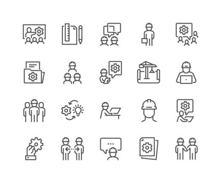 Simple Set of Engineering People Related Vector Line Icons. Contains such Icons as Teamwork, Tech Presentation, Communication and more. Editable Stroke. 48x48 Pixel Perfect.