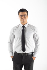 Portrait confident happy smilling handsome business man in suit on white background. Caucasian people.