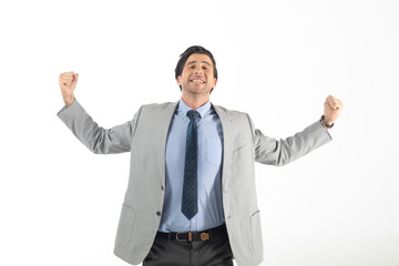 Portrait confident happy smilling handsome business man in suit on white background. Caucasian people.