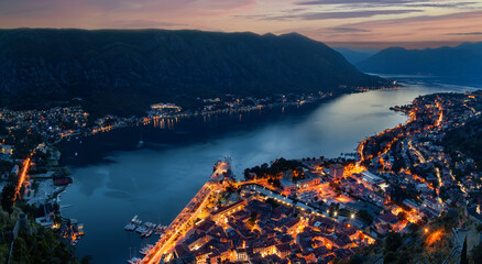 Evening view of the Kotor bay from the fortress, Montenegro, Balkans, Europe.