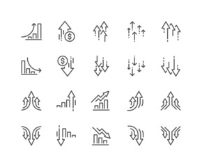 Simple Set of Increase and Decrease Related Vector Line Icons. Contains such Icons as Finance Chart, Abstract Graph, Trend and more. Editable Stroke. 48x48 Pixel Perfect.