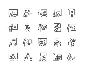 Simple Set of Business Training Related Vector Line Icons. Contains such Icons as Presentation, Class, Mentoring and more. Editable Stroke. 48x48 Pixel Perfect.