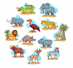 Obraz premium Large set of African animals. Funny animal characters in cartoon style.