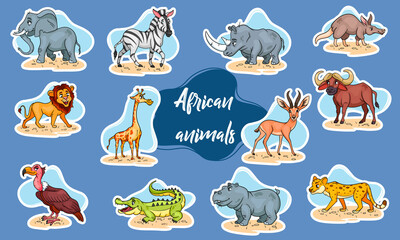 Large set of African animals. Funny animal characters in cartoon style Stickers.
