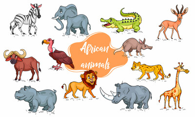 Large set of African animals. Funny animal characters in cartoon style.