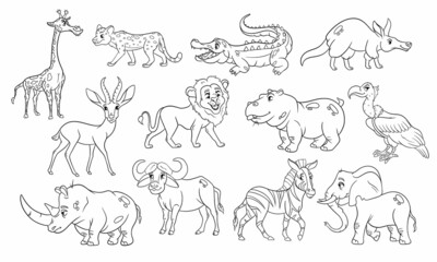 Large set of African animals. Funny animal characters in line style.