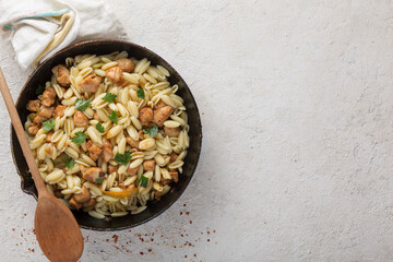 Gnocchi pasta with meat close-up in a pan. Italian cooking