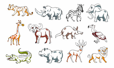 Large set of African animals. Funny animal characters in line style.