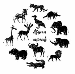 Large set of African animals. Funny characters animals silhouette.