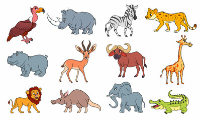 Large set of African animals. Funny animal characters in cartoon style.