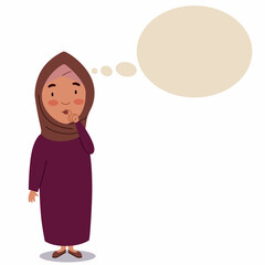 A girl in a hijab stands with a finger at her mouth. The child is thinking about an idea. The student thinks about it. cloud for text. Vector illustration on a white isolated background.