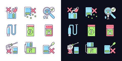 Portable charger care light and dark theme RGB color manual label icons set. Isolated vector illustrations on white and black space. Simple filled line drawings pack for product use instructions