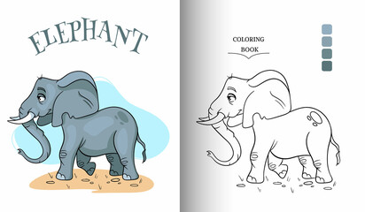 Animal character funny elephant in cartoon style coloring page.