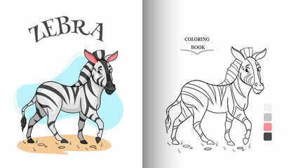Animal character funny zebra in cartoon style coloring page.