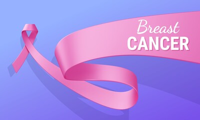 3d illustration of Pink Breast Cancer Awareness Realistic Ribbon with curl and text on Blue Color Background