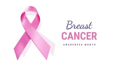 3d illustration of Pink Realistic Ribbon with curl. Symbol of Breast Cancer Awareness Month Campaign with Text on White Color Background
