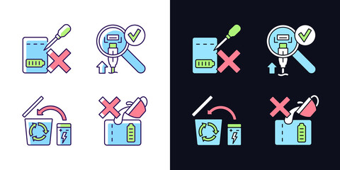 Portable charger guide light and dark theme RGB color manual label icons set. Isolated vector illustrations on white and black space. Simple filled line drawings pack for product use instructions