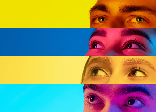 Collage of close-up male and female eyes isolated on colored neon backgorund. Multicolored, blue and yellow stripes. Flyer with copy space for ad