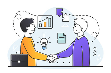 Two young male characters are shaking hands to confirm business deal. Concept of business topics, partnership, working in a business team. Flat cartoon vector illustration