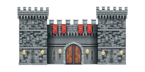 Stone castle wall vector background, medieval brick gate, old town entrance, wooden ancient door. History gray fortification clipart isolated on white, fantasy RPG royal tower. Masonry castle wall - obrazy, fototapety, plakaty