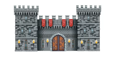 Fotobehang Stone castle wall vector background, medieval brick gate, old town entrance, wooden ancient door. History gray fortification clipart isolated on white, fantasy RPG royal tower. Masonry castle wall © Oleksandra