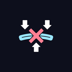 Obraz premium Dont bend powerbank RGB color manual label icon for dark theme. Shell cracking. Isolated vector illustration on night mode background. Simple filled line drawing on black for product use instructions