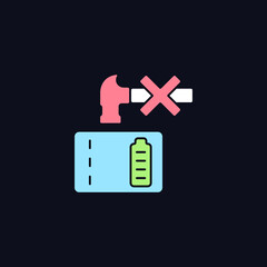 Obraz premium Dont crush powerbank RGB color manual label icon for dark theme. E-waste. Isolated vector illustration on night mode background. Simple filled line drawing on black for product use instructions
