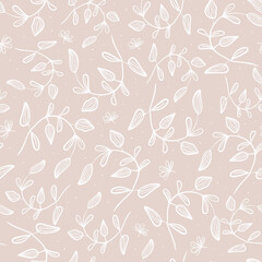Vector seamless foliage pattern. Doodle twigs and stems with leaves, flower buds on a beige background.